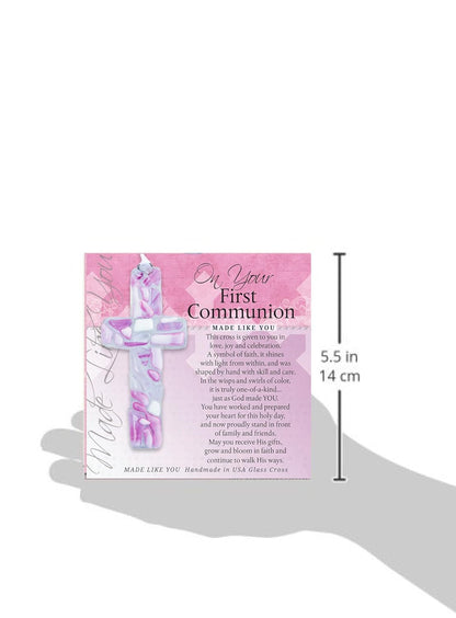First Communion Gift for Girl, Handmade in USA Pink Mosaic Glass Cross with Sentiment