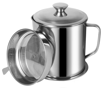 Tellshun Bacon Grease Container with Strainer 1.8 L / 60 oz Kitchen Catcher Food-grade Stainless Steel Cooking Oil Keeper with Lid and Easy-Grip Handle Suitable for Storing Frying Oil
