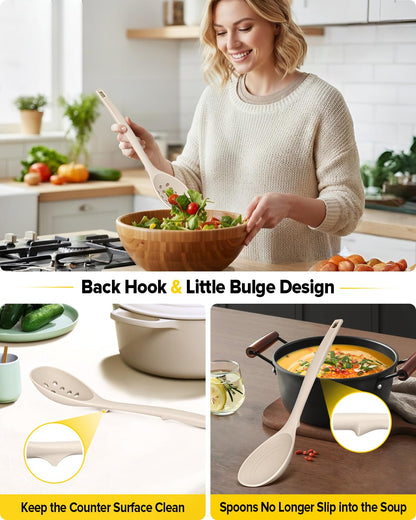 Pack of 2 Silicone Cooking Spoons, Non Stick Solid Kitchen Spoon with Measuring Marks & Back Hooks, Heat Resistant Silicone Slotted Spoon for Cooking, Mixing, Stirring,Serving(KHAKI)