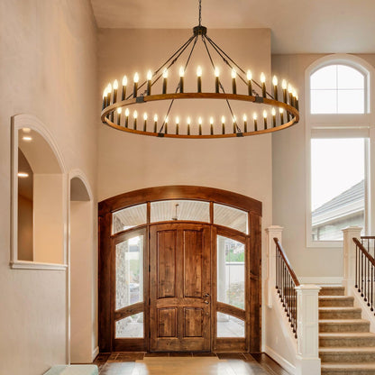 FOVICY 60-Inch Wagon Wheel Chandelier, 42-Light Large Rustic Farmhouse Chandelier for High Ceilings, Wooden Round Chandelier Lighting for Foyer, Entryway, Living Room, Dining Room