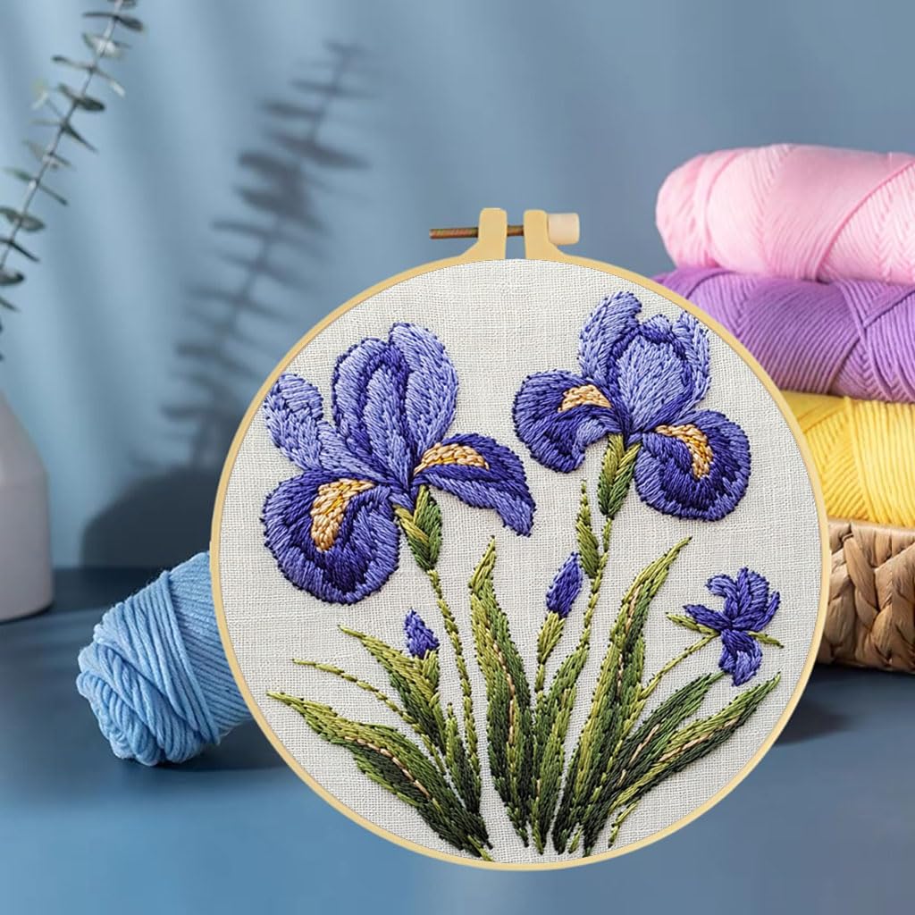 Punch Needle Kits Iris Flowers Embroidery Starter Set with Hoop Easy for Beginners DIY Stress Relief Handmade Craft Hobby and Home Decor 20x20cm