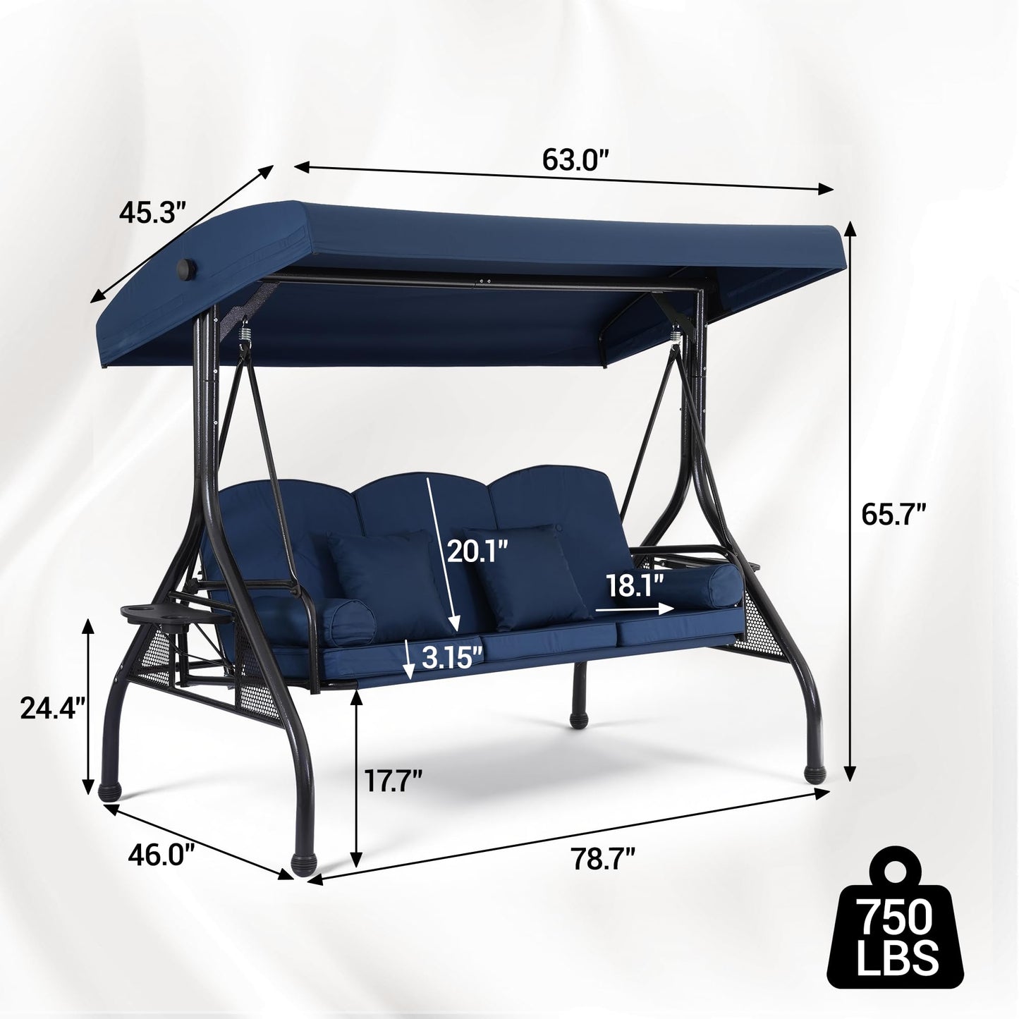 WINVO 3-Seat Outdoor Porch Swing with Adjustable Canopy, 2 in 1 Convertible Patio Swing Bed, Patio Glider Swing for Adult, with Cup Holder and Pillow for Backyard, Blue