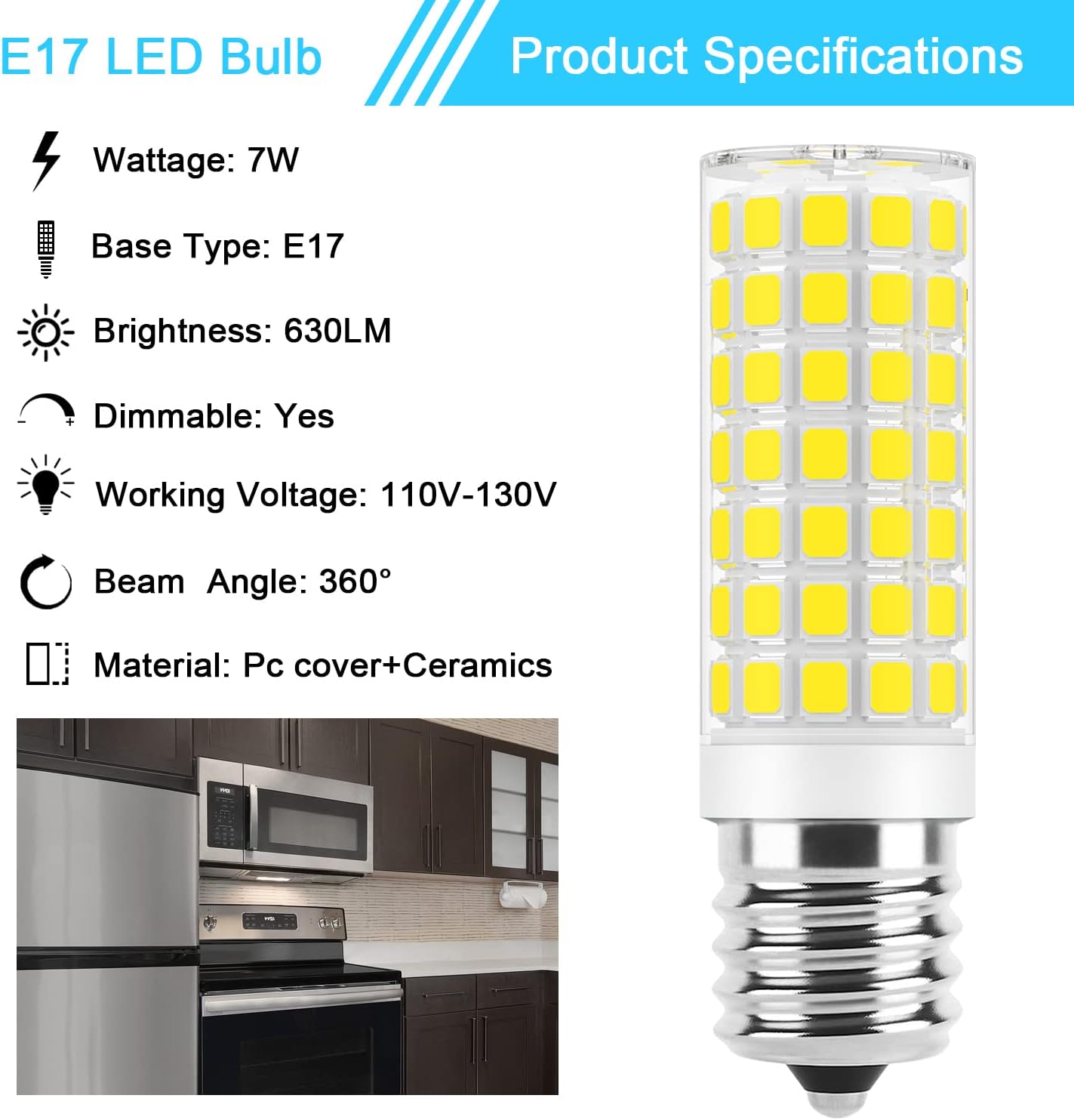 E17 LED Bulb Dimmable, 7W Microwave Oven Bulbs, 120V 60W Equivalent, Natural White 4000K, 2 Pack for Whirlpool Maytag