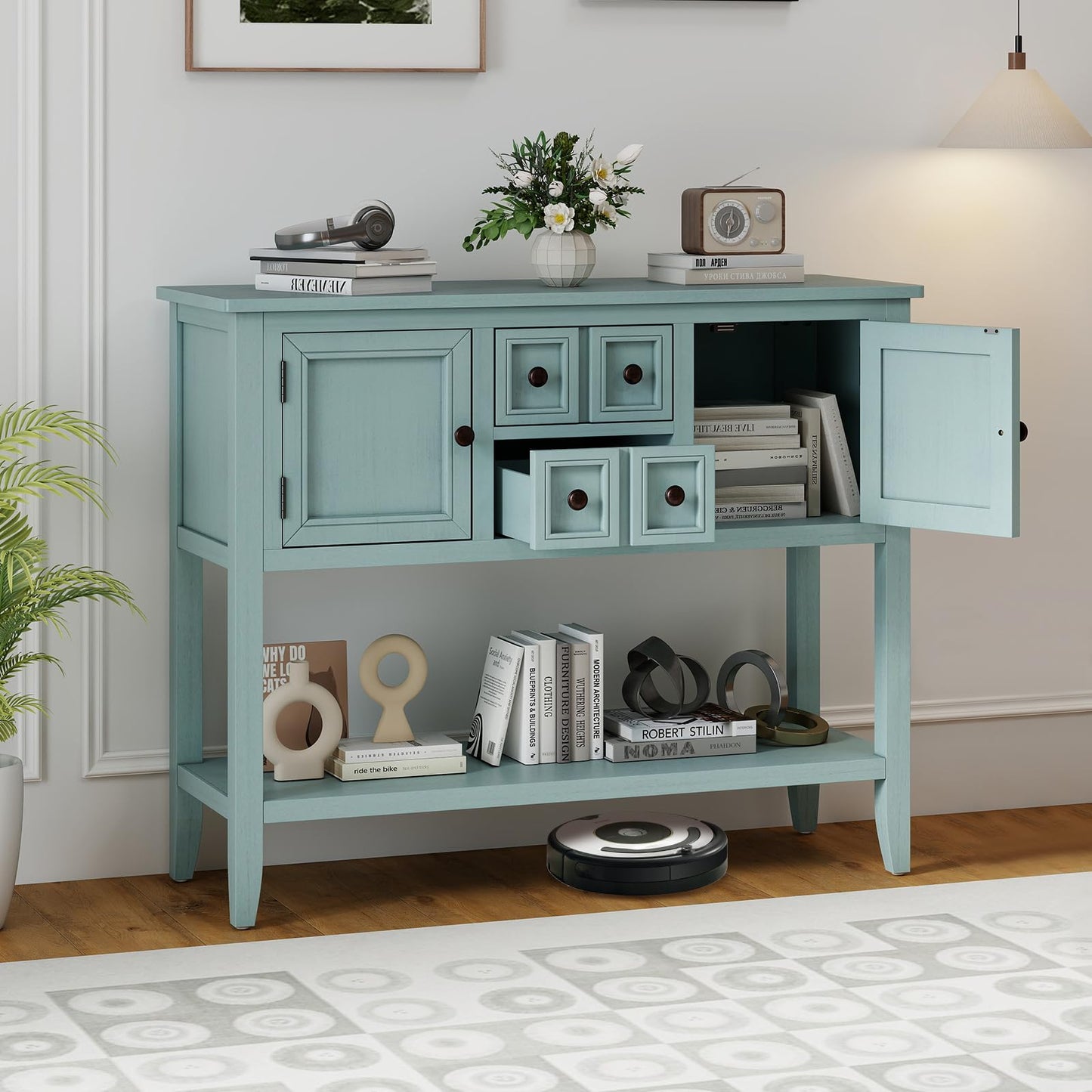 Giantex Sideboard Buffet Cabinet with Storage, 42’’ Wood Credenza, Accent Coffee Bar Cabinet with Open Shelf, 2 Drawers & 2 Doors, Buffet Table for Entryway, Kitchen, Living Room, Hallway, Aqua Blue
