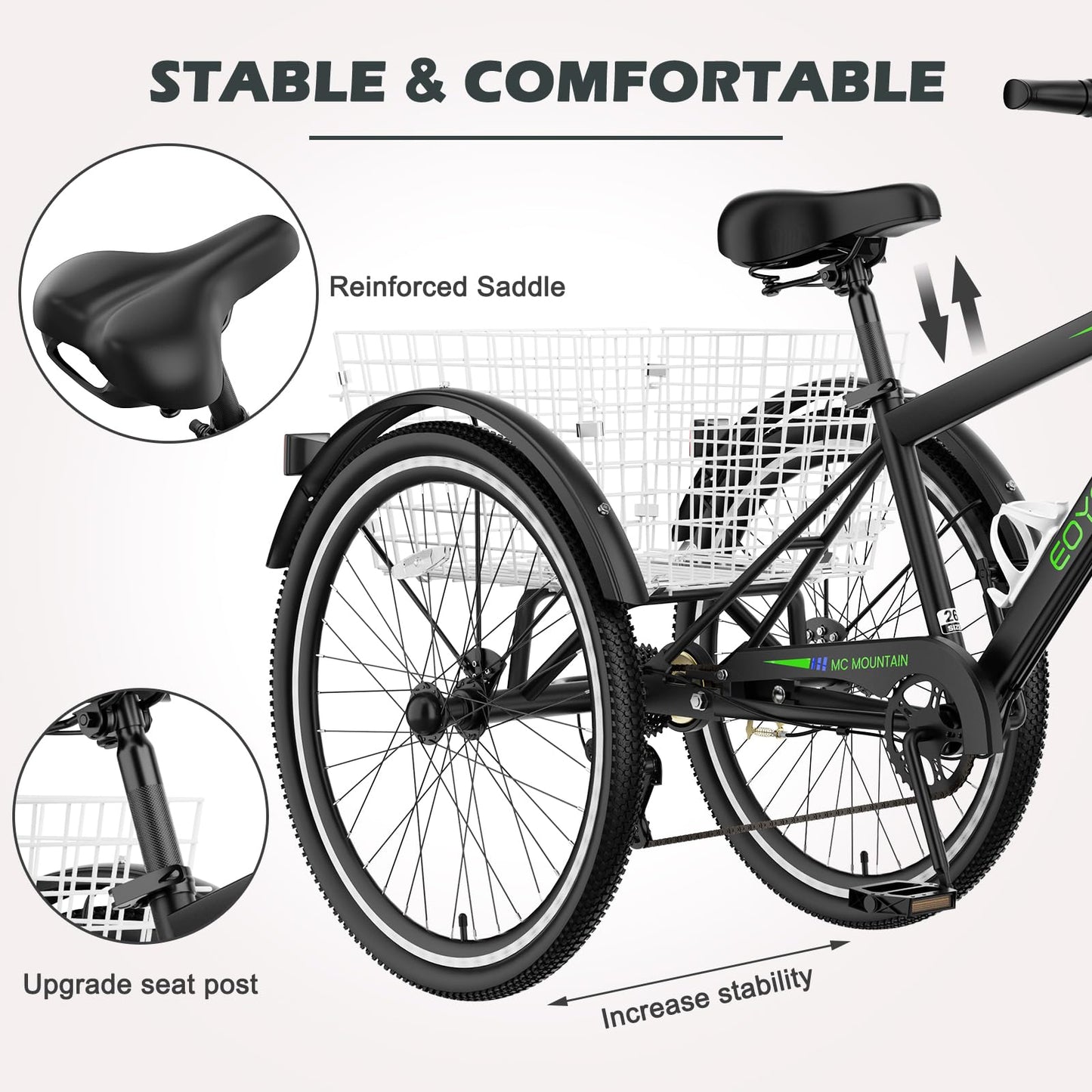 H&ZT Adult Tricycle, 3 Wheeled Bike, Trike Cruiser Bike, with 7-Speed Gear, Parking Brake Handle, Low Step, Large Rear Basket, Elderly Friendly, for Men, Women, and Teens