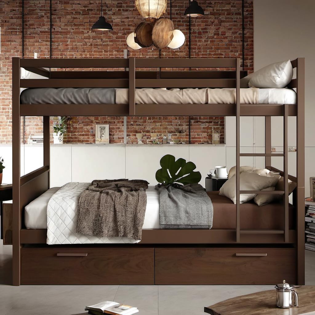 PVWIIK Full Over Full Wood Bunk Bed with 2 Drawers & Ladder for Adult Teenagers Kids Bedroom Dorm Guest Room,Convertible into 2 Full Beds Frame/Under Bed Space/No Box Spring Required,Espresso