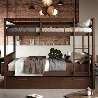 PVWIIK Full Over Full Wood Bunk Bed with 2 Drawers & Ladder for Adult Teenagers Kids Bedroom Dorm Guest Room,Convertible into 2 Full Beds Frame/Under Bed Space/No Box Spring Required,Espresso
