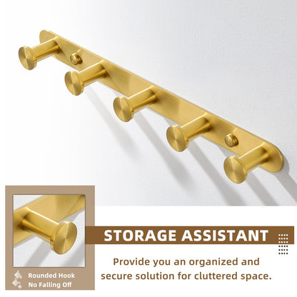 Angle Simple Towel Hook Rack Brushed Dark Gold, SUS304 Stainless Steel Bathroom Hook Rail 5 Hooks, Utility Kitchen Towel Holder, Wall Mount