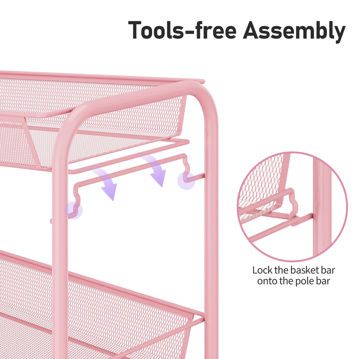 TOOLF 3 Tier Rolling Cart Pink - Metal Storage Organizer with Wheels, 33 lbs Shelf Capacity, Easy 5-Min Assembly, for Girls Room Bathroom Kitchen Office Nursery, Compact Design for Small Spaces, Pink