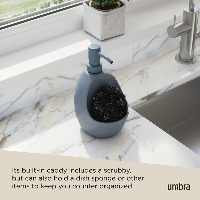 Umbra Joey Ceramic Liquid Soap Dispenser with Sponge Caddy, Ideal for Kitchen or Bathroom Use, Slate Blue