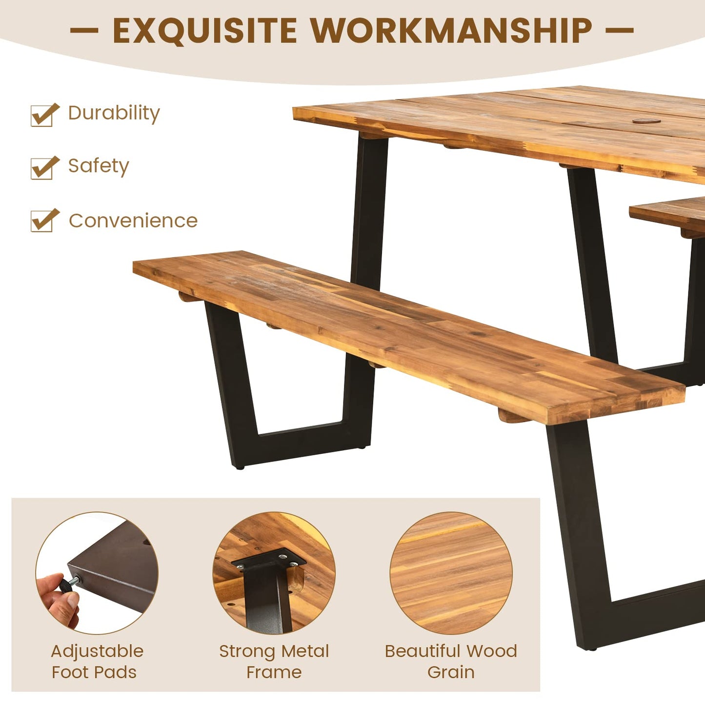 HOMGX Picnic Table, 6 Ft Dining Table with 2 Umbrella Hole, Table Bench Set with Heavy-Duty Metal Frame, Acacia Wood Picnic Table for Outdoor, 6-8 Person, Patio, Lawn, Party, Garden, Natural & Black