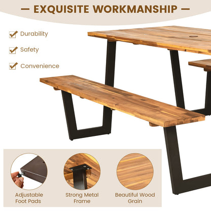 HOMGX Picnic Table, 6 Ft Dining Table with 2 Umbrella Hole, Table Bench Set with Heavy-Duty Metal Frame, Acacia Wood Picnic Table for Outdoor, 6-8 Person, Patio, Lawn, Party, Garden, Natural & Black