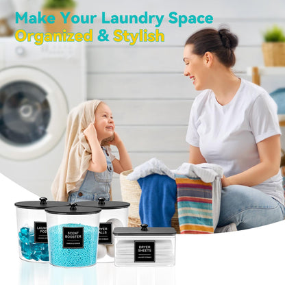 SACIOVEE Laundry Pods Container & Dryer Sheet Holder, Laundry Room Organization and Storage Jars with Lids, Labels & Scoops for Powder Detergent Scent Booster, Black Lid