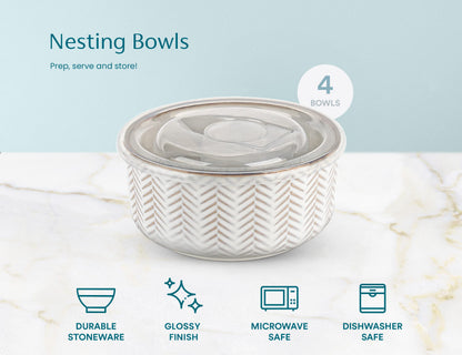KooK Serving Bowls, with Lids, Ceramic Nesting Bowls, Set of 4, Embossed, Kitchen, Prep, Stackable, Gift, Microwave and Dishwasher Safe, 10/16/29/47 oz, Narbonne Collection (Ivory)