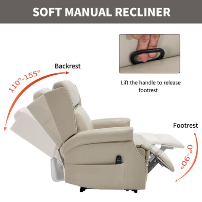 KEIKI Mid Century Modern Oversized Recliner Accent Chair for Adults, Manual Leather Recliner Chair with Back Massager and Heating for Living Room, Rocking Chair for Old Money Living Room Decor, Beige