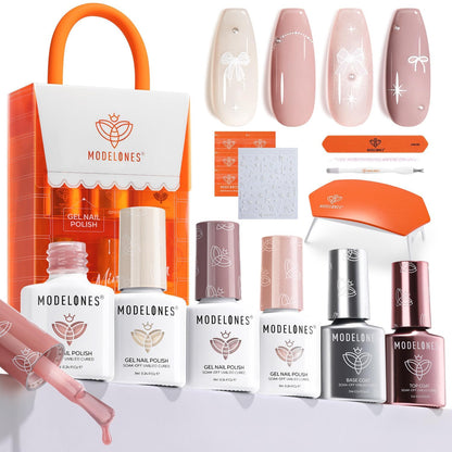 Modelones Gel Nail Polish Kit with UV Light, Milky White Nude Glitter Pink Red Gold Fall Metallic Manicure Set with Base Top Coat Star Stickers 4 Colors Gel Mini Salon Nail Art Gift for Women Girl