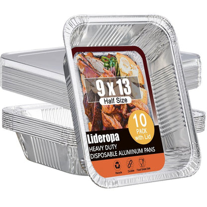 Lideropa Disposable Aluminum Foil Pans with Lids 9x13-10 Pack Aluminum Foil Pans, Heavy Duty Aluminum Baking Pans for Cooking, Baking, Meal Prep, Parties & Food Storage