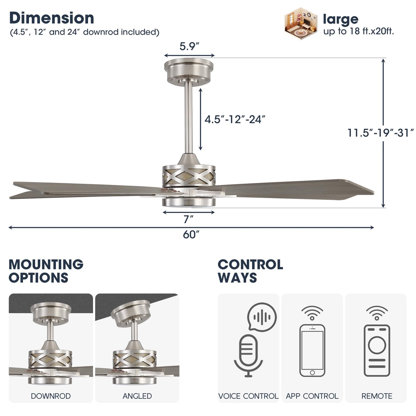 WINGBO 60" Smart Ceiling Fan with Lights and 3 Downrods, 5 Plywood Blades, 6 Speeds Reversible DC Motor, Works with Alexa and Google Assistant, 3CCT Dimmable LED Large Ceiling Fans, Nickel and Grey
