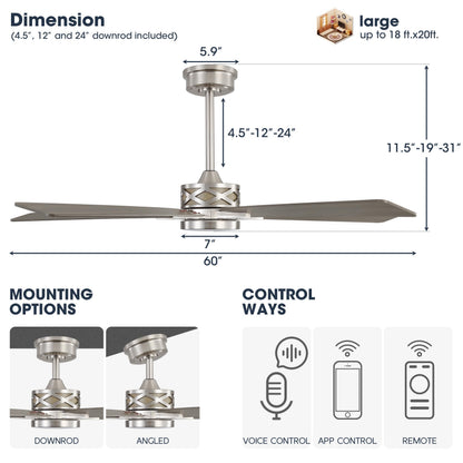 WINGBO 60" Smart Ceiling Fan with Lights and 3 Downrods, 5 Plywood Blades, 6 Speeds Reversible DC Motor, Works with Alexa and Google Assistant, 3CCT Dimmable LED Large Ceiling Fans, Nickel and Grey