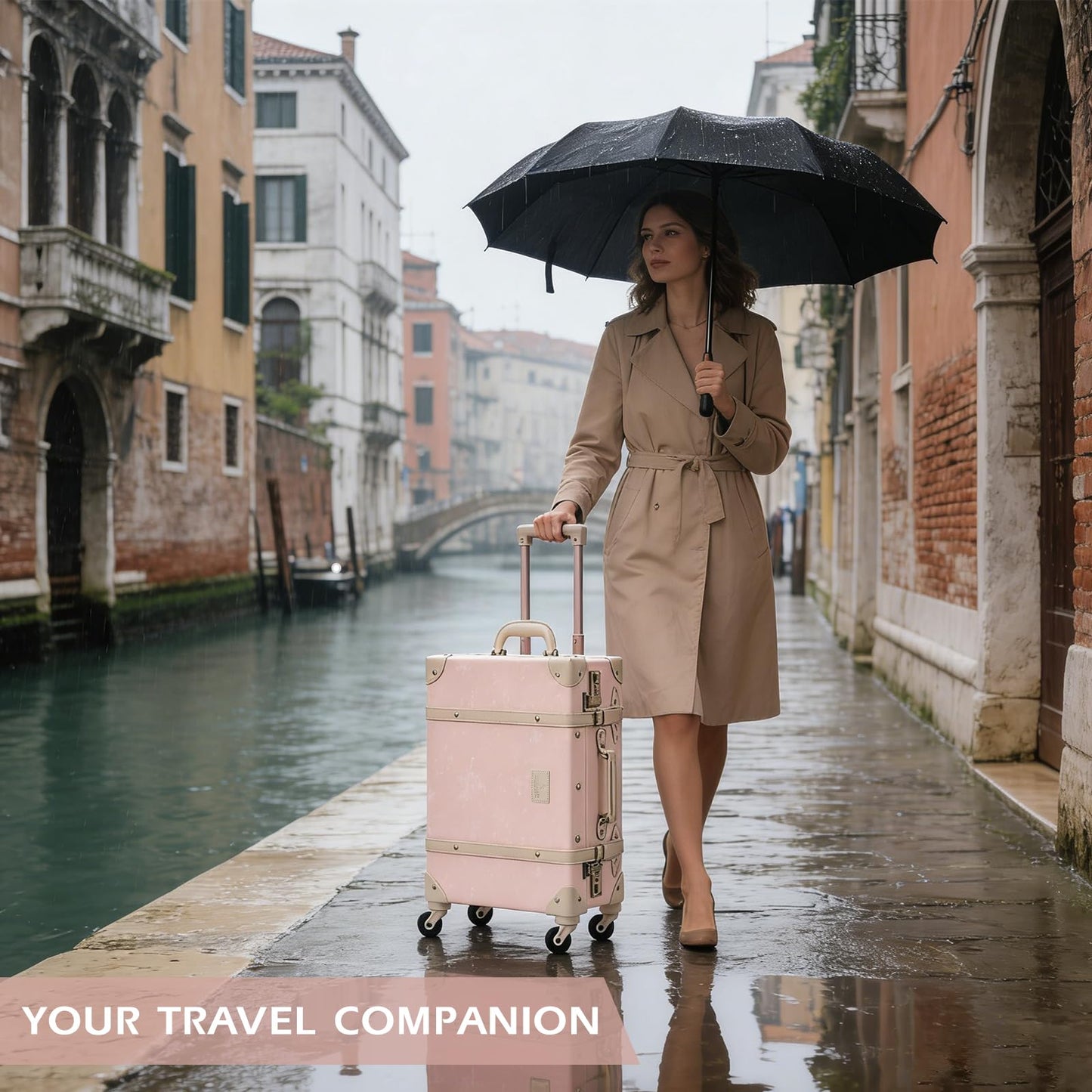 UNIWALKER Vintage Suitcase Set of 3, Retro Leather Travel Luggage with Cosmetic Train Bag for Women(Velvet Pink, 26''+20''+12'')