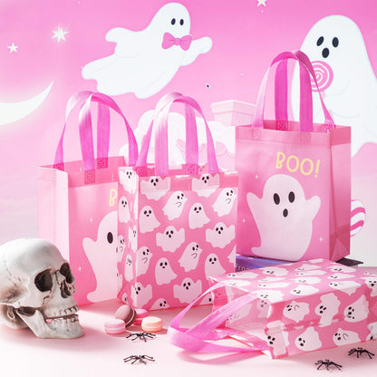 Wovnet 30 Pcs Halloween Party Favor Gift Bags Ghost Boo Pink Reusable Non Woven Goodie Treat Bags with Handle Horror Theme for Halloween Party Supplies 10 x 8 x 4in