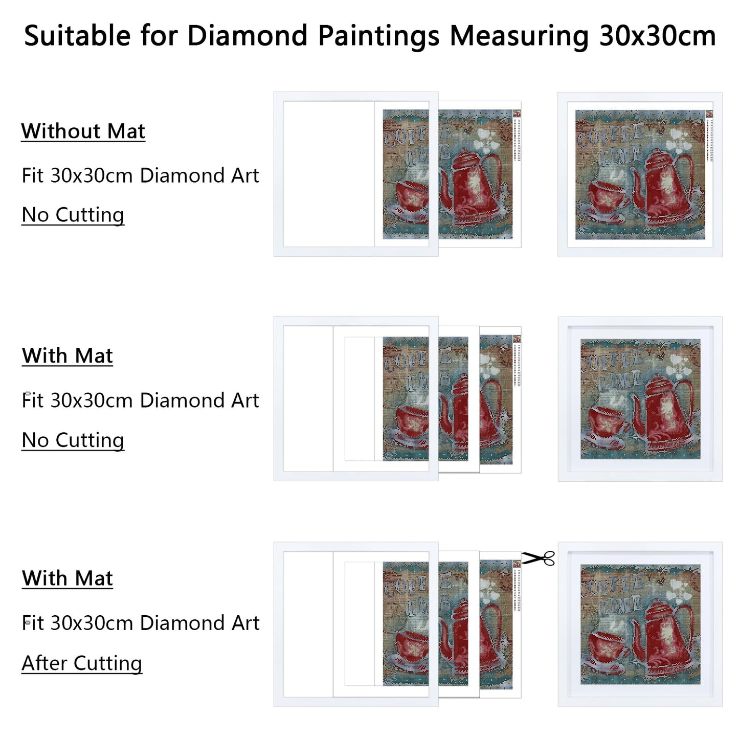 12x12 Picture Frame Set of 2, 30x30 cm Diamond Art Frames, Includes Mat to Fit 10x10 (25x25cm) Pictures, Solid Wood 12 x 12 Square Frame for Diamond Paintings/Posters/Photos/Artworks/Images - White