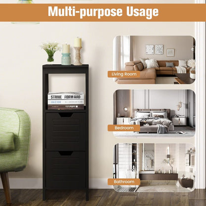 COSTWAY Bathroom Storage Cabinet, Freestanding Wooden Side Storage Cabinet with 2 Adjustable Drawers, Space-Saving Floor Cabinet for Living Room Bathroom Bedroom Entryway (Black)