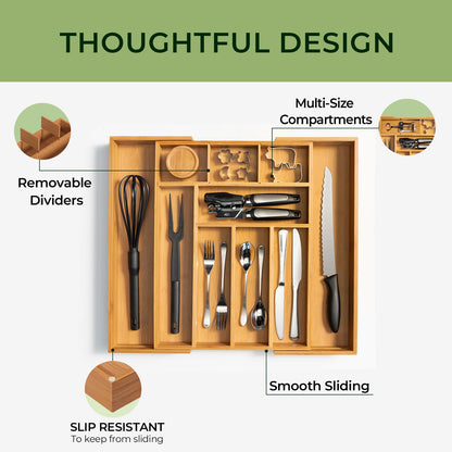 keechee Carbonized Bamboo Kitchen Drawer Organizer, 10 Slots Expandable Silverware Organizer, Utensil Holder & Cutlery Tray, 2.2" Deep for Extra Capacity, Non-Slip Feet Included