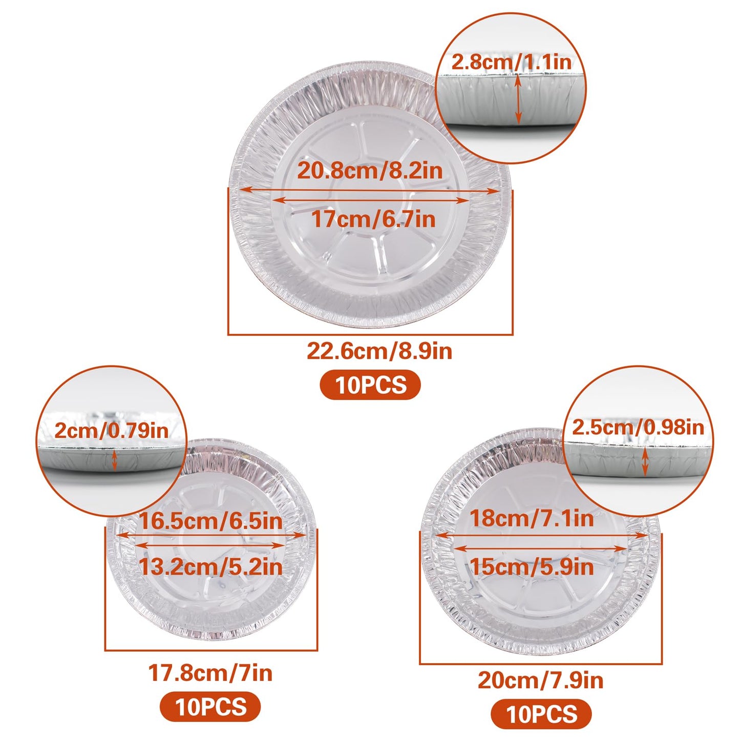 Hiyoo 30 Pack Aluminum Pizza Pans, 7/8/9 Inch Disposable Round Foil Bakeware Trays for Making Pizzas, Focaccia, Giant Size Chocolate Chip Cookie Cake Tin, Serving Trays
