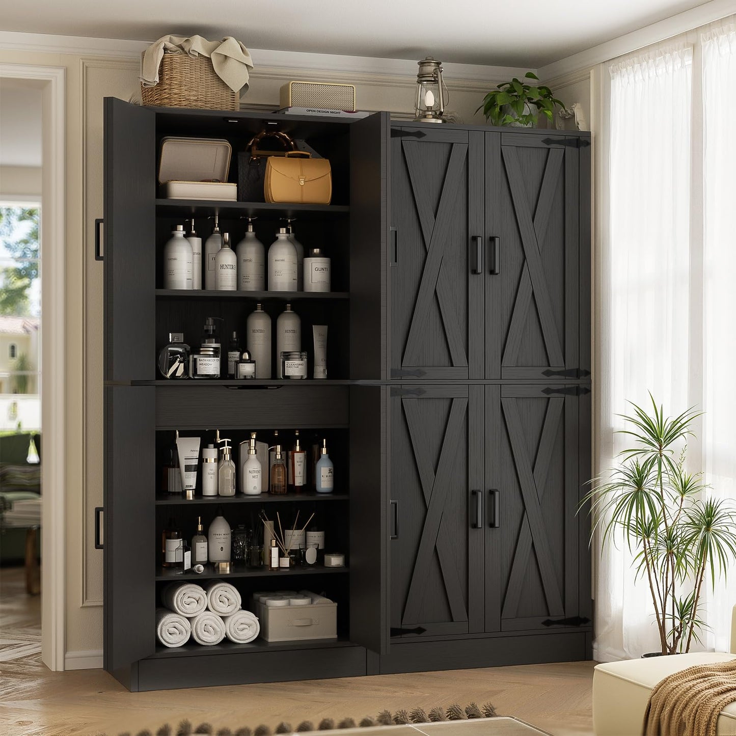 Unikito 71" Tall Kitchen Pantry Cabinet with Farmhouse Barn Doors and Storage Drawer, 4 Adjustable Shelves, Freestanding Cupboard for Kitchen, Dining Room, Living Room, Utility Room, Black 2 Pack