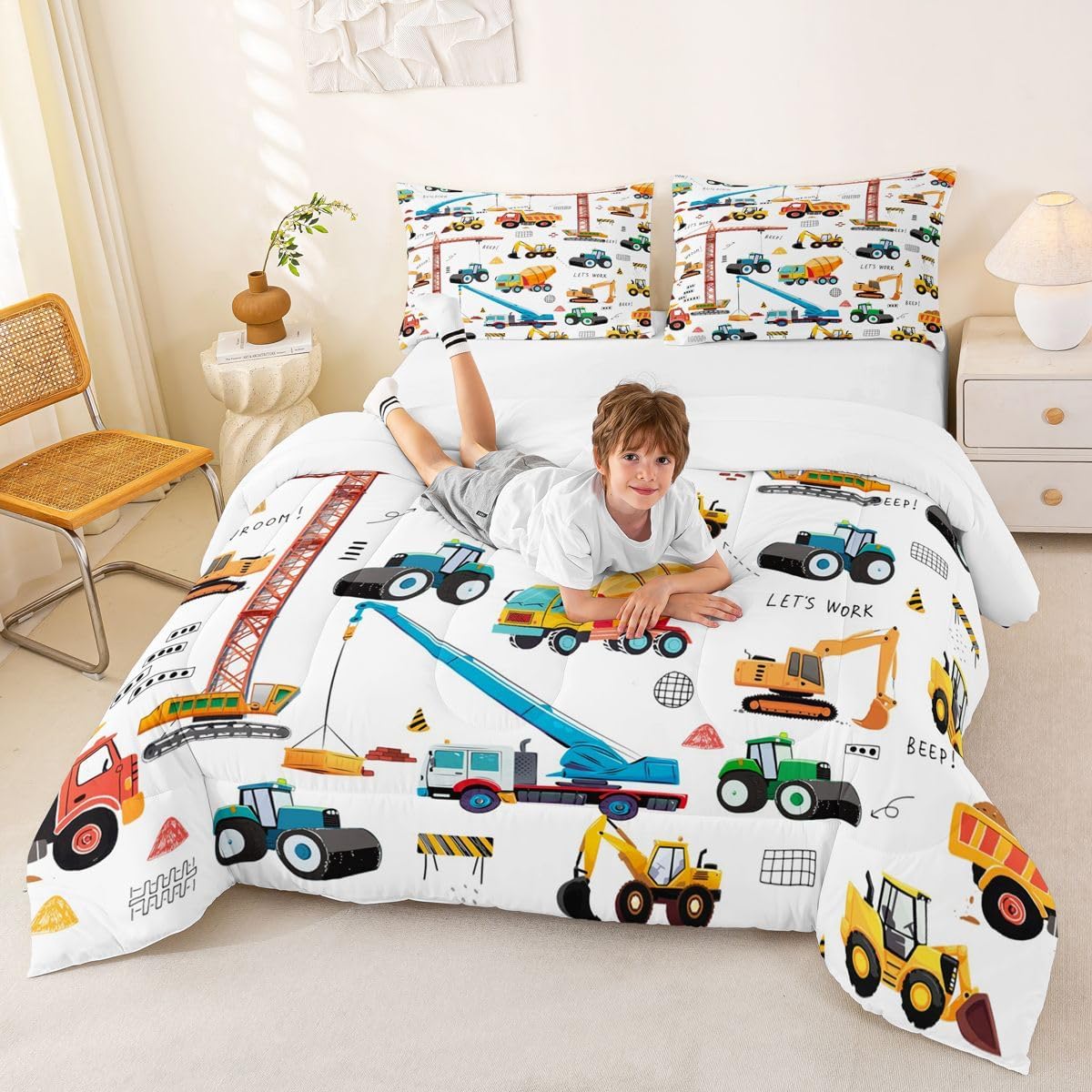 Set Bulldozer Set 3Pcs Tractor Comforter, Excavator Machinery Trucks Bedding Full Size, Construction Vehicle Down