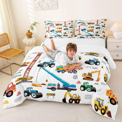 Set Bulldozer Set 3Pcs Tractor Comforter, Excavator Machinery Trucks Bedding Full Size, Construction Vehicle Down