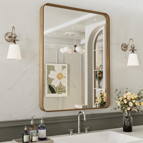 LOAAO Bathroom Mirror - 24x32 Inch Rounded Rectangle Design with Anti-Rust Wood Grain Frame | Versatile Hanging Options