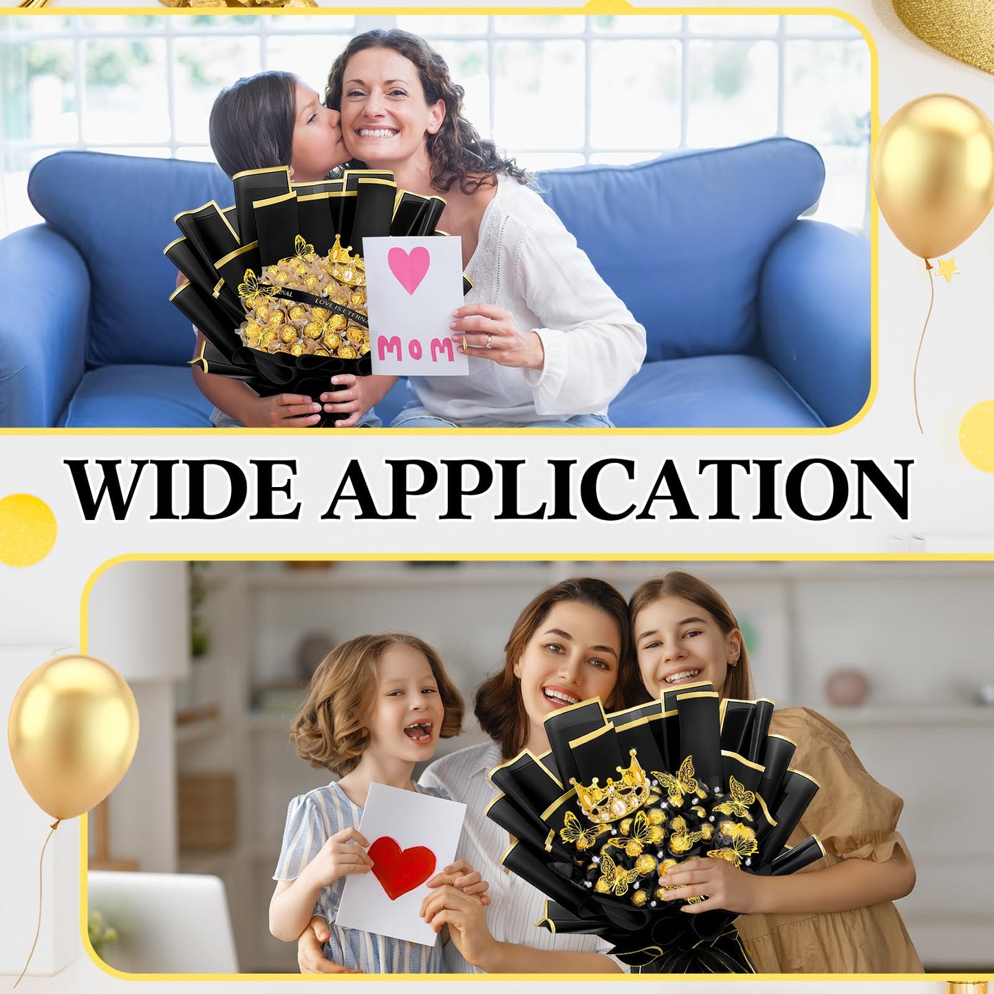 Funnymoom 109 Graduation DIY Chocolate Flower Bouquet Kit 2026 Candy Rose Clear Acrylic Lollipop Ball Holder Floral Wrapping Paper 3D Gold Butterfly Crown Ribbon Grad Gift(Black and Gold)