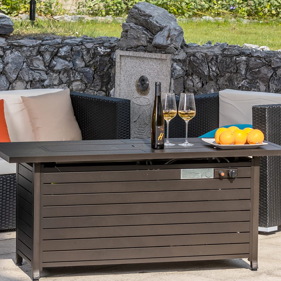 Propane Fire Pit, 50000 BTU Gas Fire Pits for Outside Patio, Rectangular Outdoor Fireplace with Lid & Waterproof Cover, Outdoor Table Heater for Deck, Garden, Backyard, Mocha