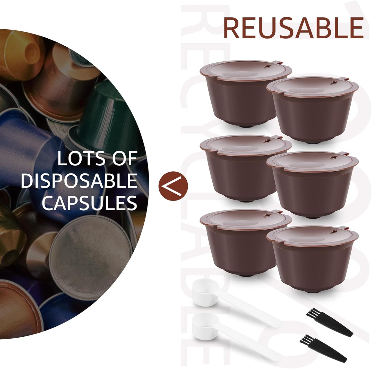 6 Pcs Refillable Coffee Pods Kit, 5.4x3.5 cm Food Grade PP Coffee Capsule with 2 Spoon and 2 Brush