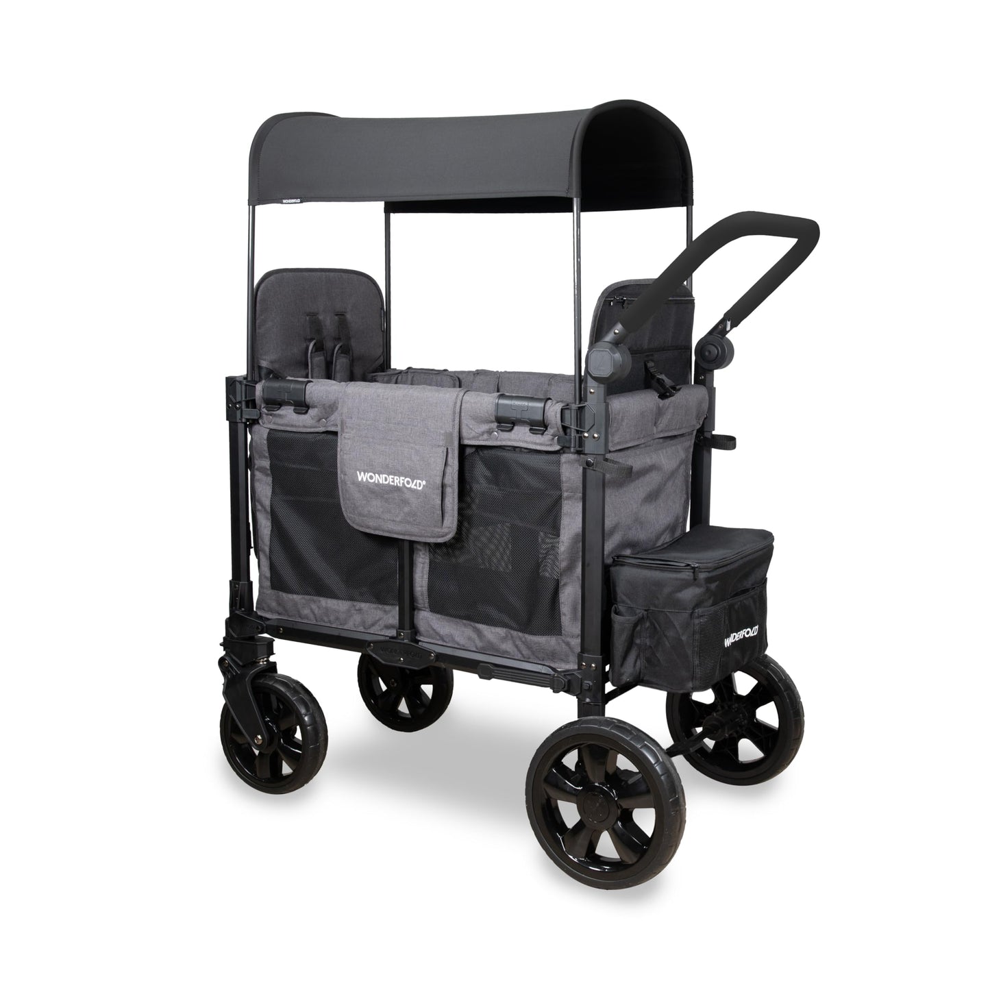 WonderFold W2 Elite Pro Stroller Wagon - Foldable Wagon with Aluminum Frame - Adjustable Canopy & Push Handle - All-Terrain Wheels - for Babies, Toddlers & Kids - 4 Seater - Gray