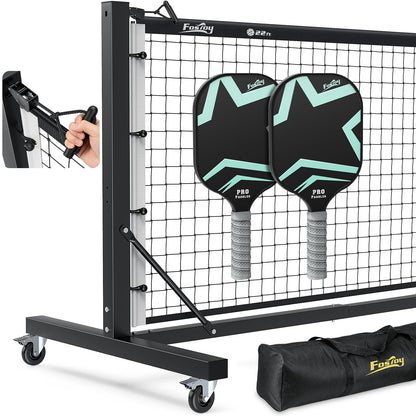 Fostoy Pro Aluminum Pickleball Net with Carbon Fiber Paddle, Dual-Side Tension Lock System, Locking Wheels, 22FT Tournament Regulation Size for Outdoor Court, Driveway & Gym, Easy Setup, Carry Bag