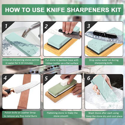 Wucgea Knife Sharpening Stone Kit - 400/1000 3000/8000 Grit Japanese Whetstone Set with Non-Slip Rubber Base, Angle Guide, Flattening Stone and Leather Strop