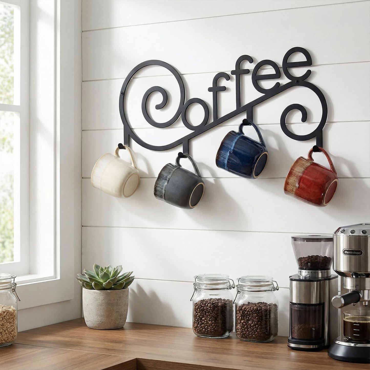 WOPARTY Metal Wall Mounted Coffee Cup Mug Holder with 4 Hooks, 15.75 x 6.3 Inch, Decorative Coffee Bar,Kitchen, Bar Station Accessories Decor
