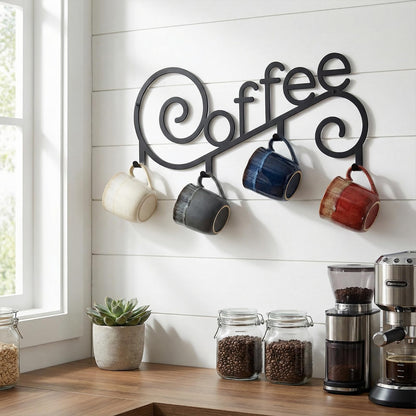 WOPARTY Metal Wall Mounted Coffee Cup Mug Holder with 4 Hooks, 15.75 x 6.3 Inch, Decorative Coffee Bar,Kitchen, Bar Station Accessories Decor