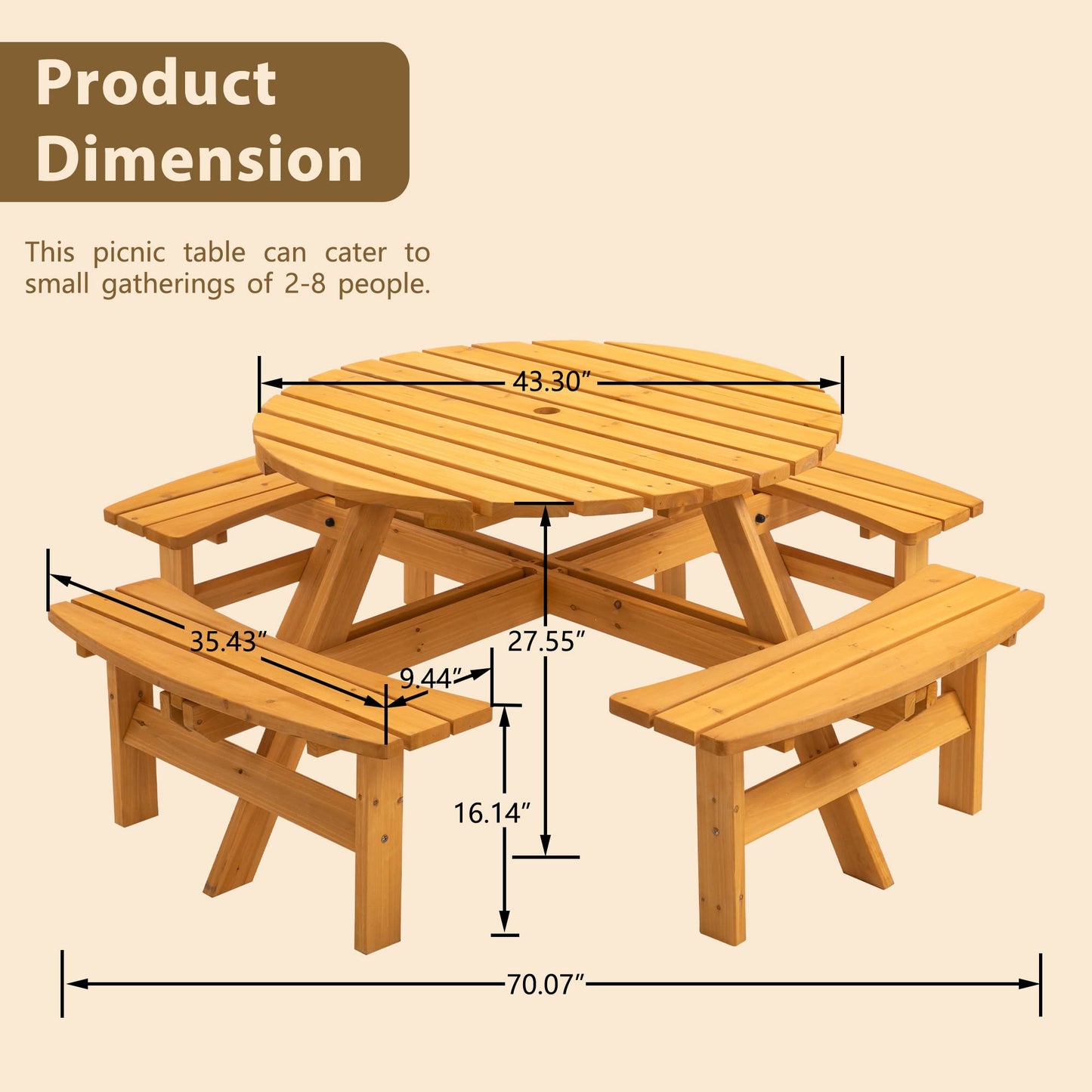 VroomAuto 8 Person Picnic Table Set with Benches, Solid Fir Wood Outdoor Dining Set, 43.3 Inch Round Table and 4 Foldable Benches for Patio Garden Camping, Natural Finish