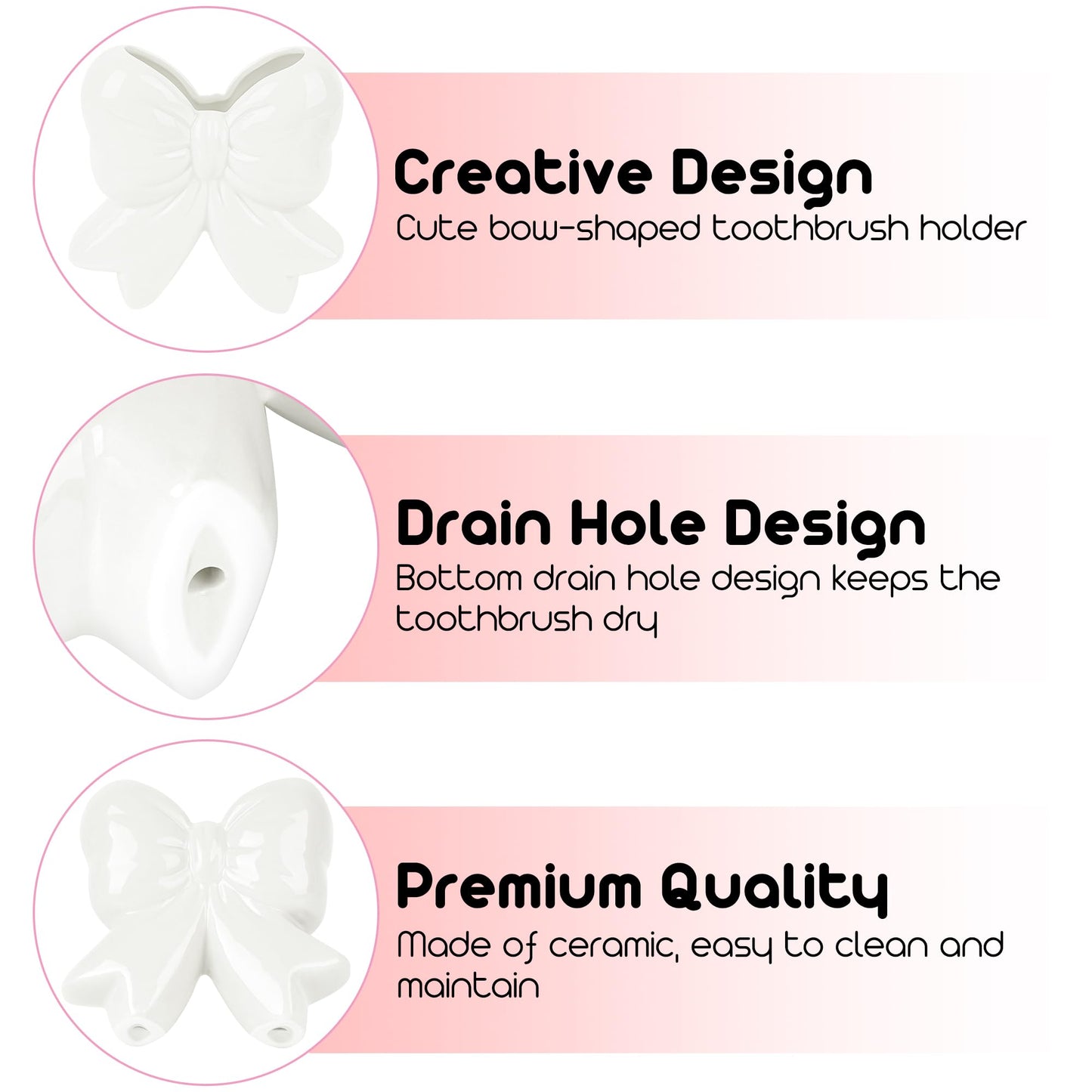 Biiange Cute Toothbrush Holder, Ceramic Bow Toothbrush Holder, with Drain Hole Bathroom Countertop Accessories, for Bathroom Canister Storage Organization, Vanity Makeup Organizer (White)