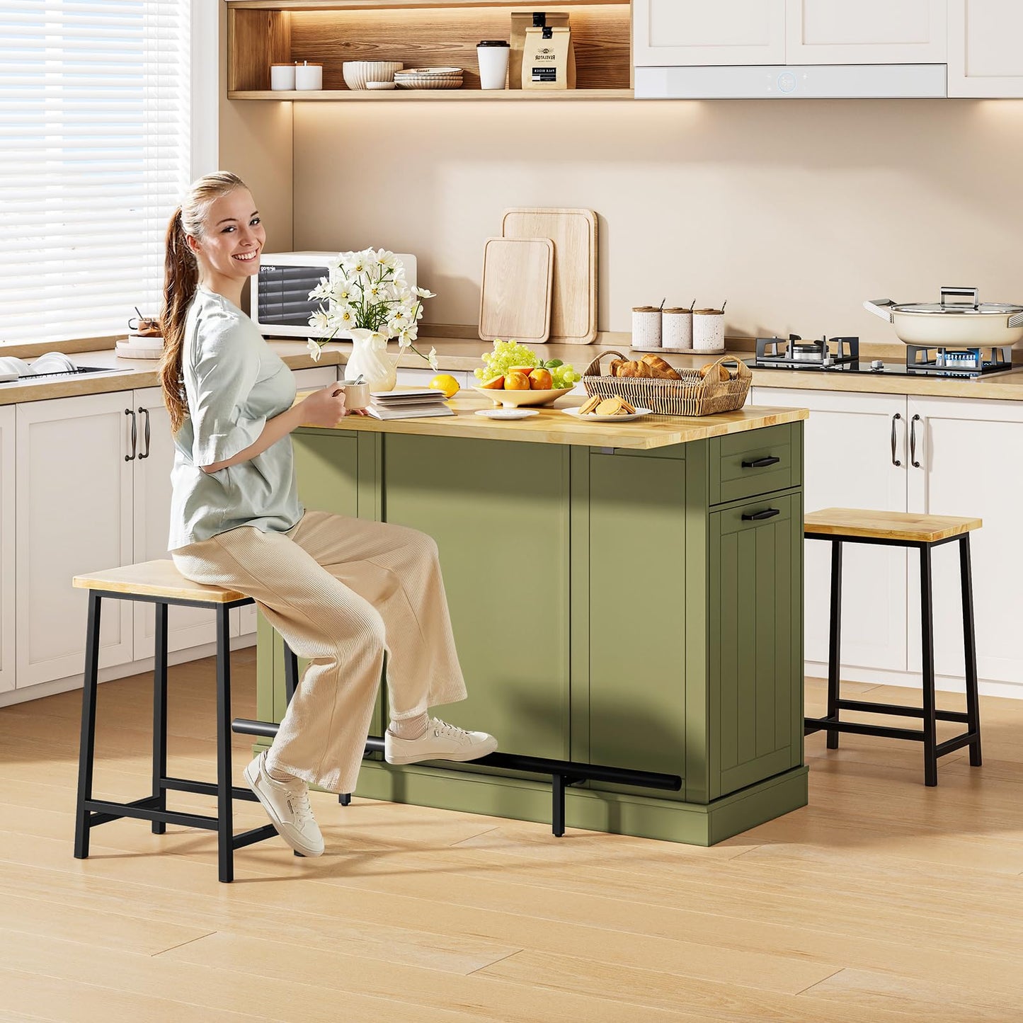 ONBRILL Stationary Kitchen Islands Include 2 Chairs, 47" Kitchen Island with Drop Leaf, Home Bar Table with Spice Rack & with Trash Cabinet, Island Table for Dining Room with Power Outlet, Green