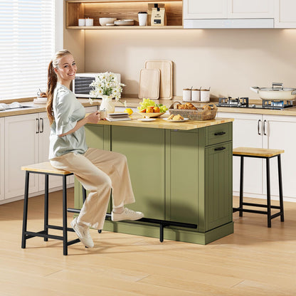 ONBRILL Stationary Kitchen Islands Include 2 Chairs, 47" Kitchen Island with Drop Leaf, Home Bar Table with Spice Rack & with Trash Cabinet, Island Table for Dining Room with Power Outlet, Green