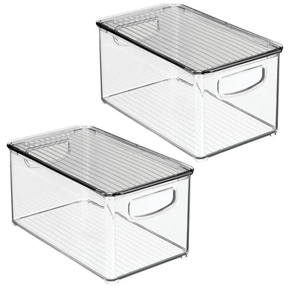 mDesign Deep Plastic Bathroom Storage Bin Box, Lid/Built-in Handles, Organization for Makeup, Hair Styling Tools, Toiletry Accessories in Cabinet, Shelves, Ligne Collection, 2 Pack, Clear/Smoke Gray