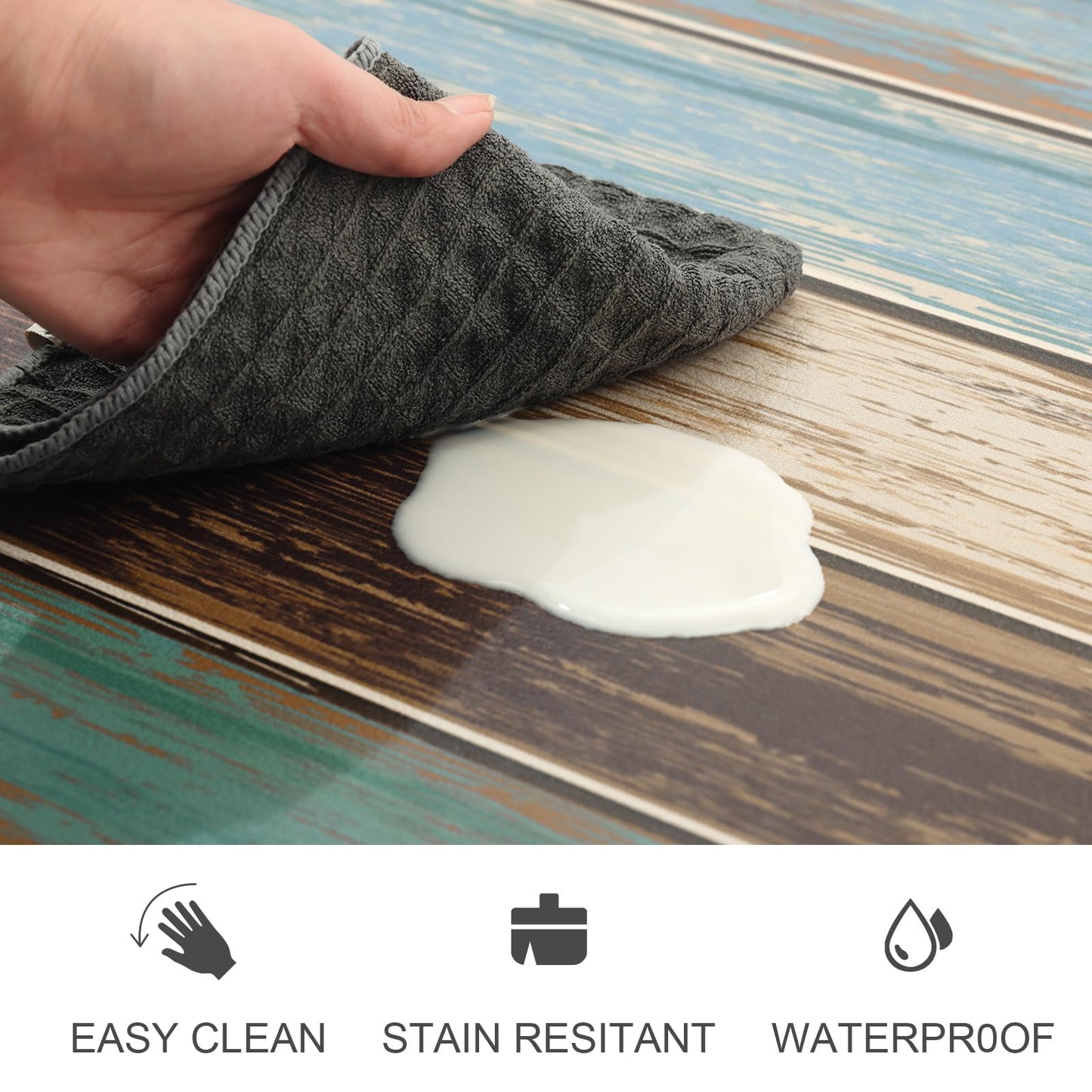 MAYHMYO Kitchen Rugs and Mats Set of 2 Teal Farmhouse Anti Fatigue Mat PVC Non Slip Retro Rustic Wood Texture Kitchen Mats for Floor,17.3 x 29 x 0.4 inch + 17.3 x 47 x 0.4 inch
