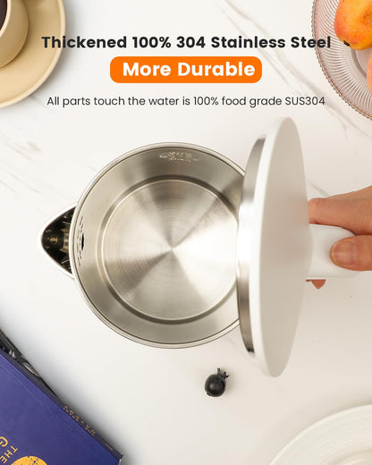 WTJMOV Electric Kettle Stainless Steel, 1.0L Small Water Boiler 1200W Fast Boiling, Double Wall Tea Kettle Pot Automatic Shut Off, Durable Coffee & Tea Maker/Warmer/Heater White