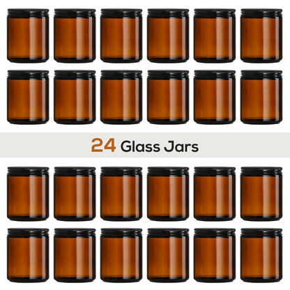 24 Pack 8oz Amber Glass Jars with Black Lids - For Candle Making, Food Storage, Canning, Spices, Liquids - Leakproof & Dishwasher Safe