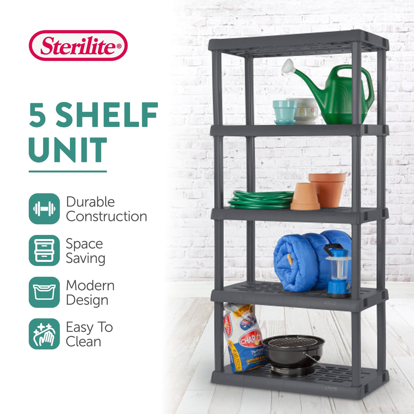 Sterilite 4-Pack 5 Shelf Unit, Heavy-Duty Shelving Storage Rack for Home and Garage, Gray - Multipurpose Plastic Organizer Shelves for Smart Organization